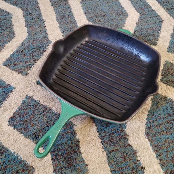 LE CREUSET #26 GREEN CAST IRON SQUARE GRILL PAN GRIDDLE RIBBED SKILLET